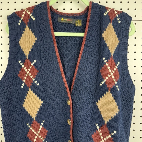Vtg 90s Lizsport Hand Knit Argyle Sweater Vest‎ Blue Tan Burgundy Cotton M - Picture 3 of 16